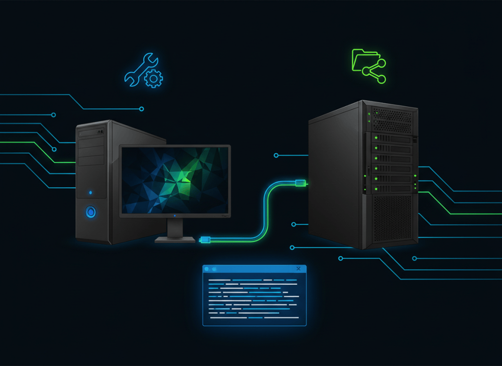 Windows workstation and file server connected on a local network for a net config command lesson.