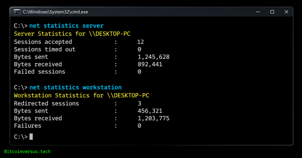 Windows Command Prompt showing net statistics server and workstation output on a black canvas with a small Bitcoinversus.tech tag.