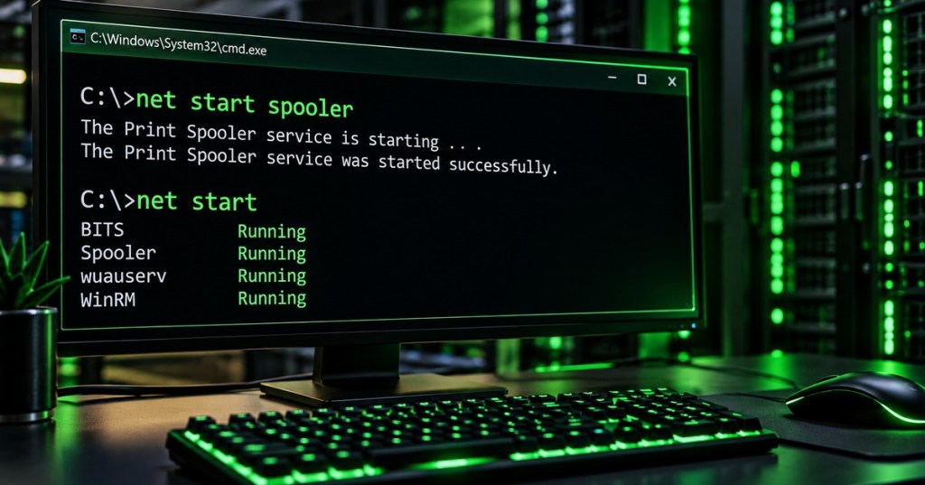 Dark Windows administration workstation showing the net start command and running services