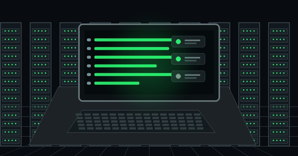 Realistic Windows service administration workstation showing server racks and service-state monitoring with neon-green technical lighting.
