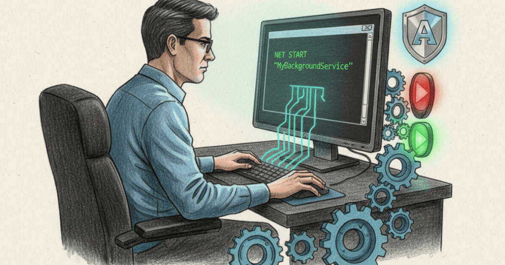Colored-pencil illustration of a Windows administrator starting a background service from Command Prompt.