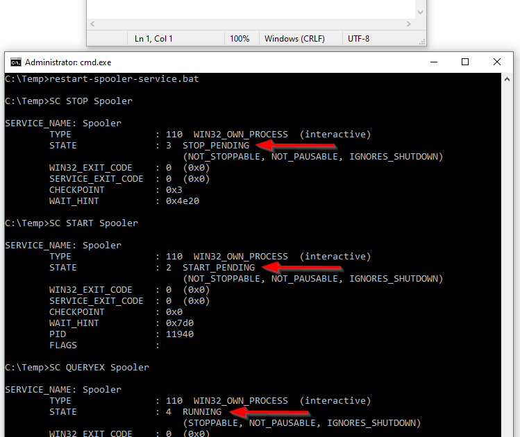 Windows Command Prompt showing SC STOP Spooler and the STOP_PENDING service state.