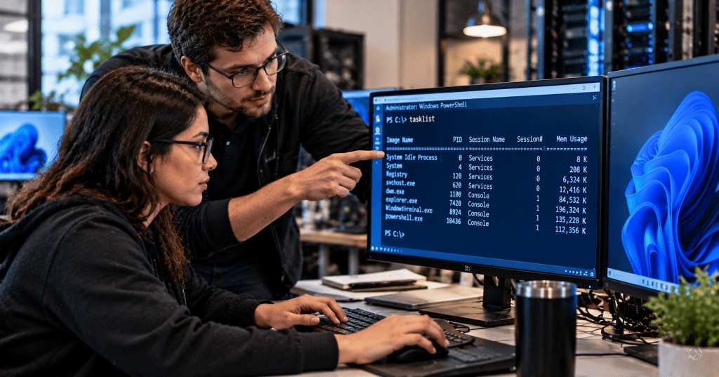 IT technicians working together at a Windows terminal in a server room.