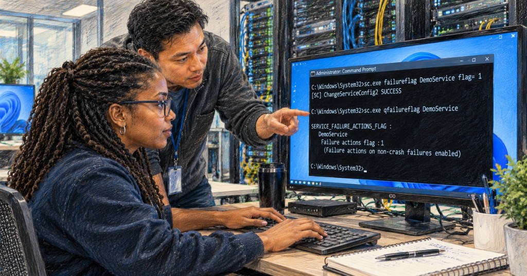 Realistic colored-pencil illustration of Black and Asian IT professionals configuring Windows service failure actions at a server-room workstation.