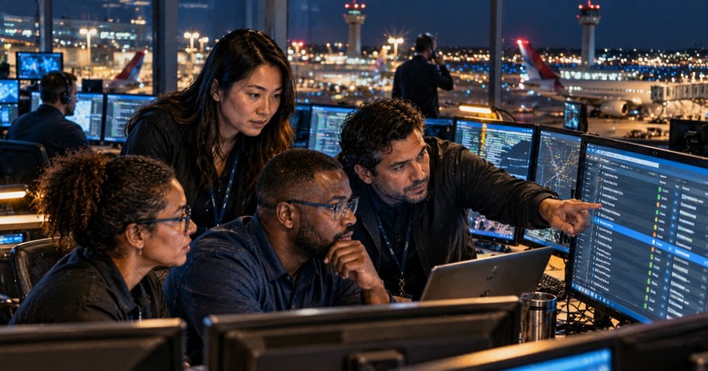 Diverse technology operations team reviewing Windows service status in a nighttime airport operations center.