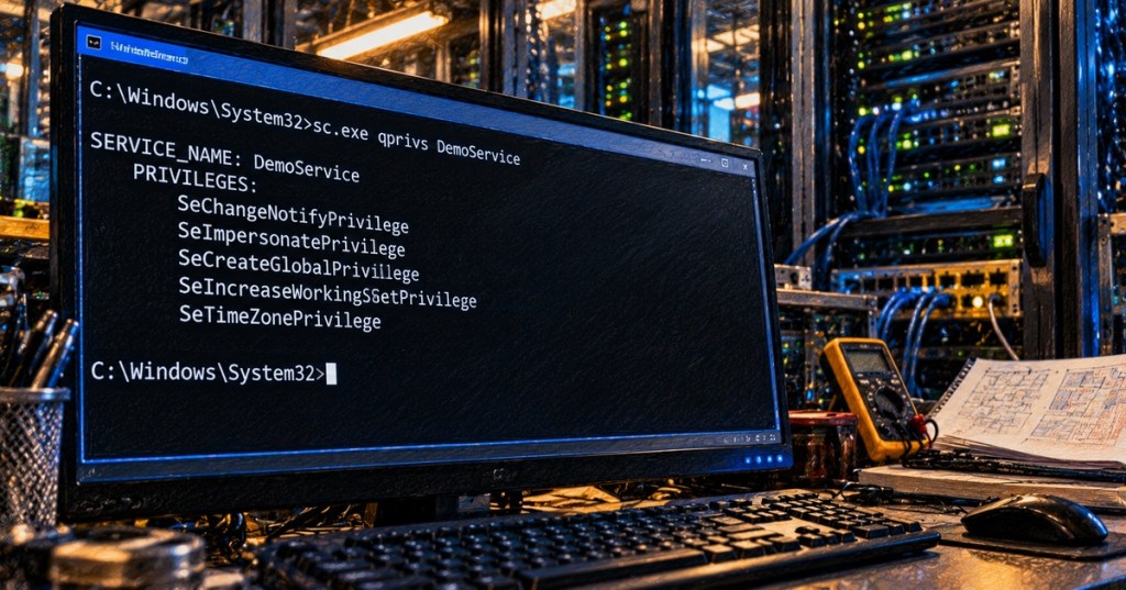 Terminal-focused Windows service privileges query on a workstation inside an industrial server room.