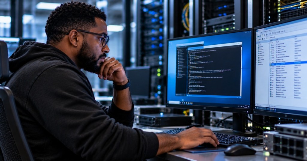 African American Windows administrator managing service privileges from a workstation in a data center
