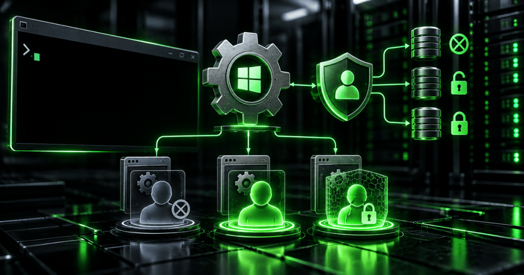 Windows service identity security illustration showing three service SID types