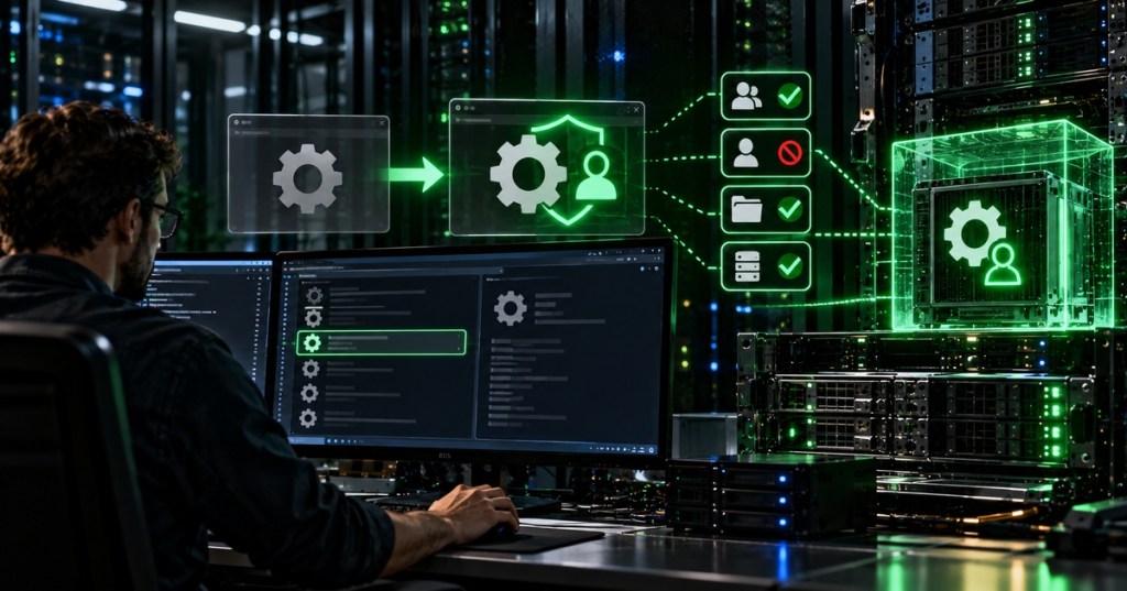 Windows system administrator configuring service identity and access isolation in a dark data center.