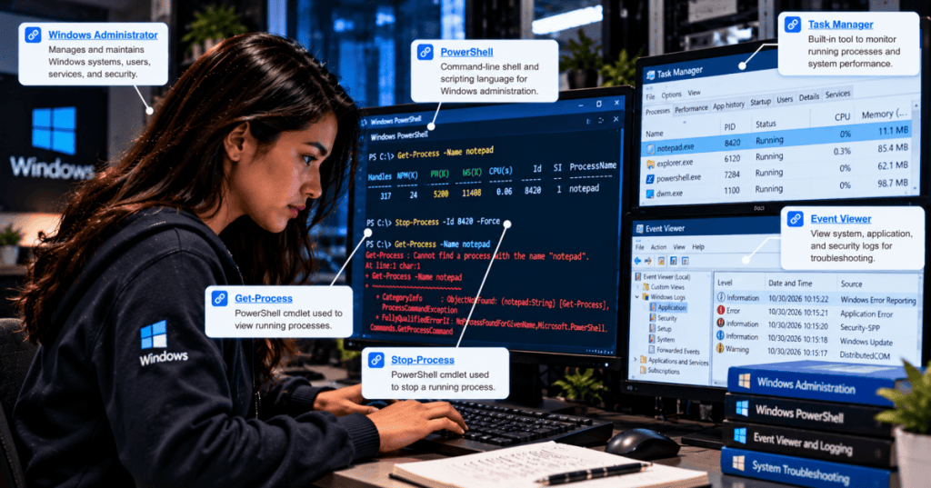 Female Windows administrator at a multi-monitor workstation using PowerShell and Windows management tools