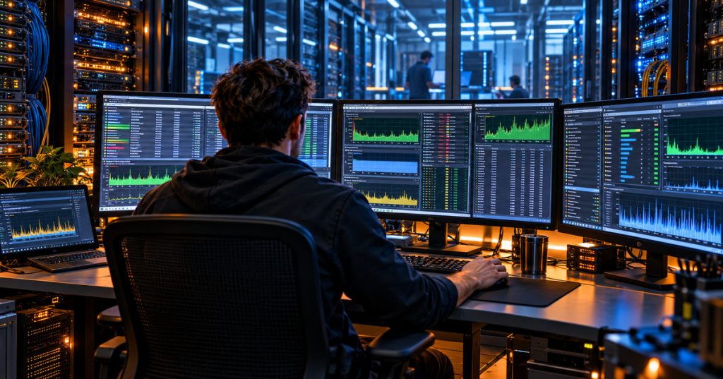 IT technician examines live CPU, disk, memory and network performance dashboards in a detailed server operations room
