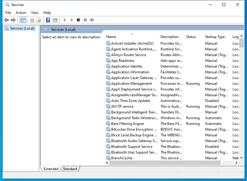 Windows Services management console listing local services, status, startup type, and logon accounts.