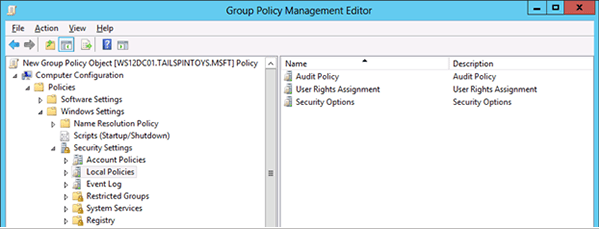 Windows Group Policy Management Editor open to Security Settings and User Rights Assignment.