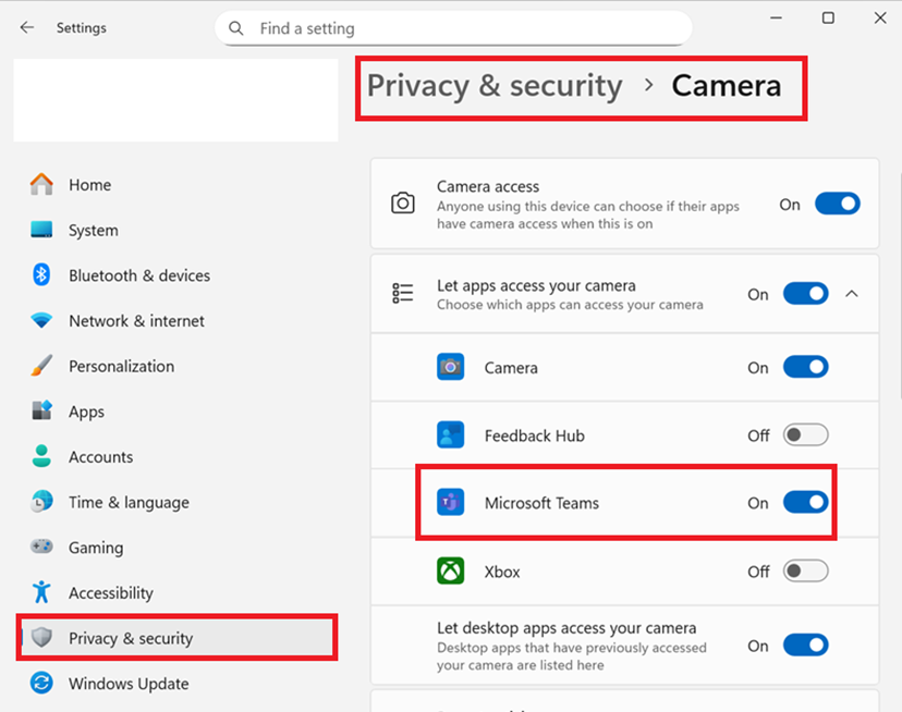 Windows 11 Privacy and security Camera settings showing a shared desktop-app access toggle and individual Store app controls
