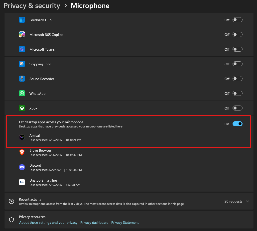 Earlier Windows 11 Microphone privacy settings listing desktop applications below a shared-access switch