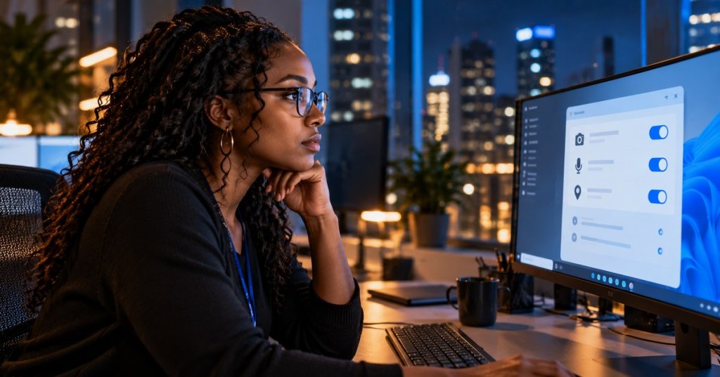 Photorealistic editorial illustration of a Black woman IT professional reviewing camera, microphone, and location privacy switches on a desktop monitor