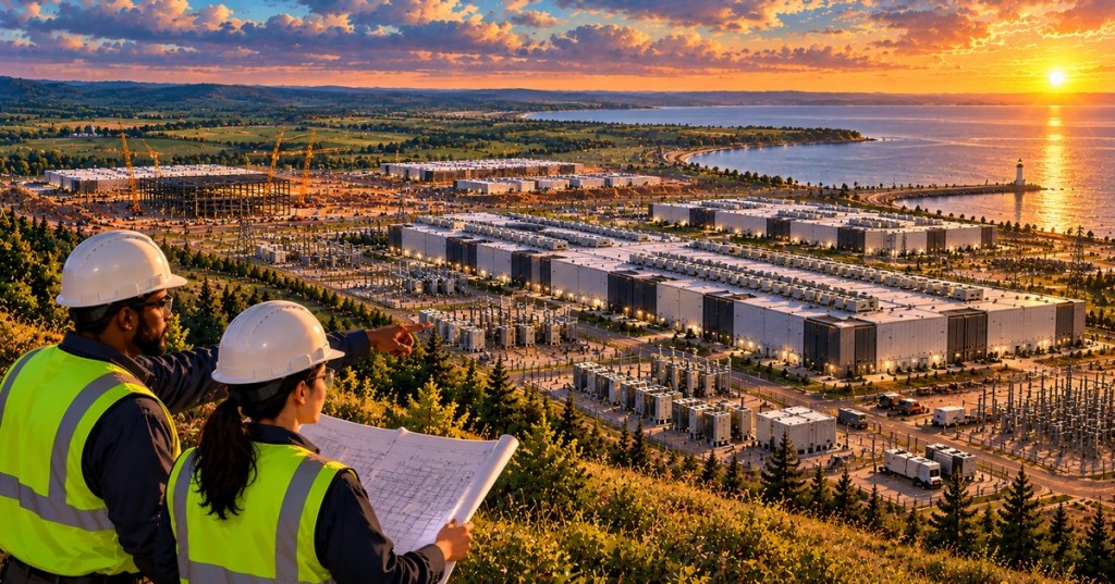 Original cinematic anime-inspired illustration of two engineers surveying a Wisconsin lakeside data center campus and electrical substations at sunset; conceptual artwork not a photograph of a real facility