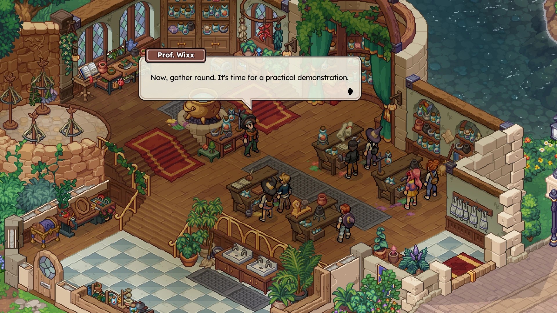 Witchbrook gameplay shows a professor leading an alchemy class around student worktables