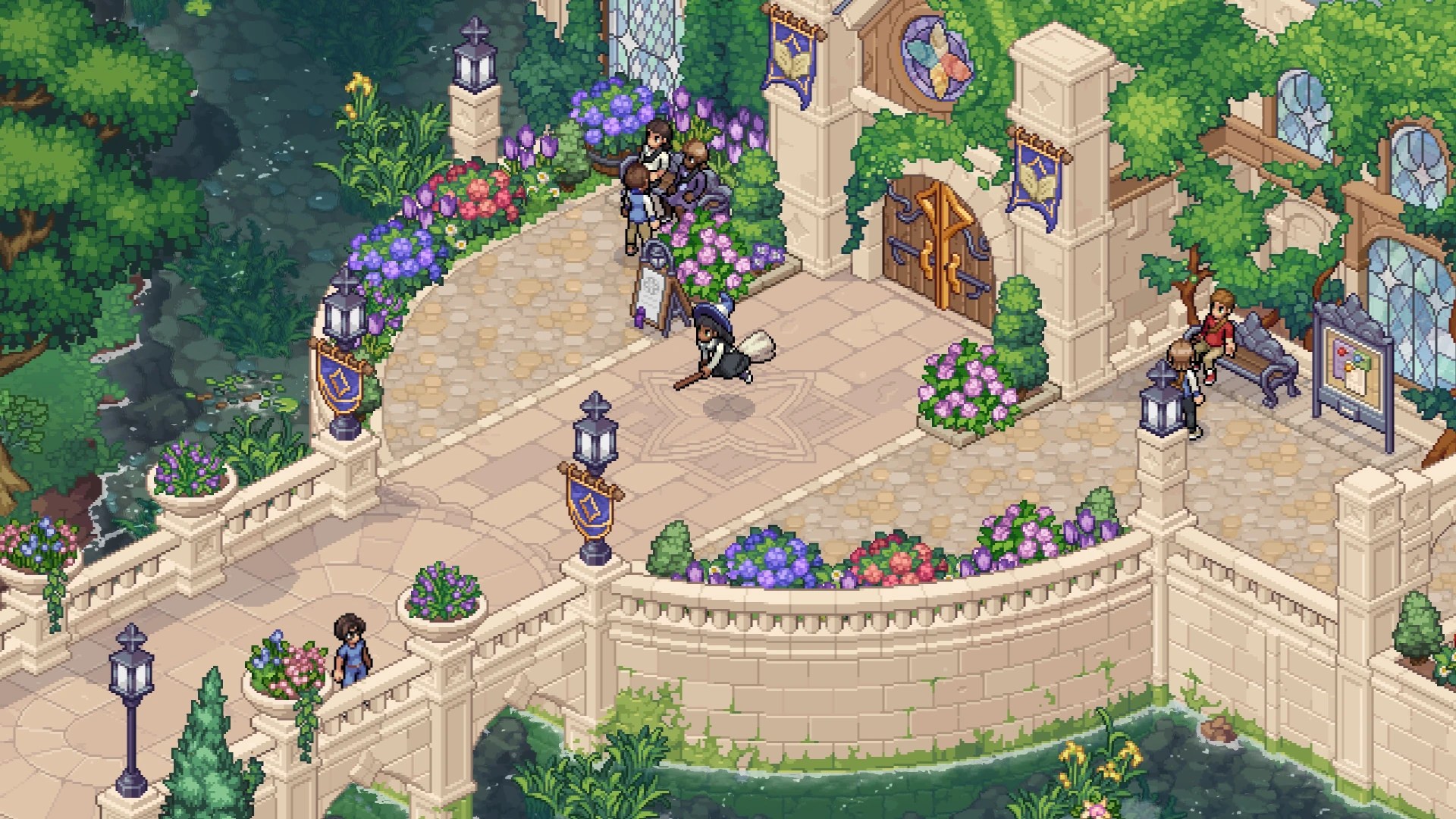 Witchbrook pixel-art students approach the college on a bridge decorated with flowers and lanterns