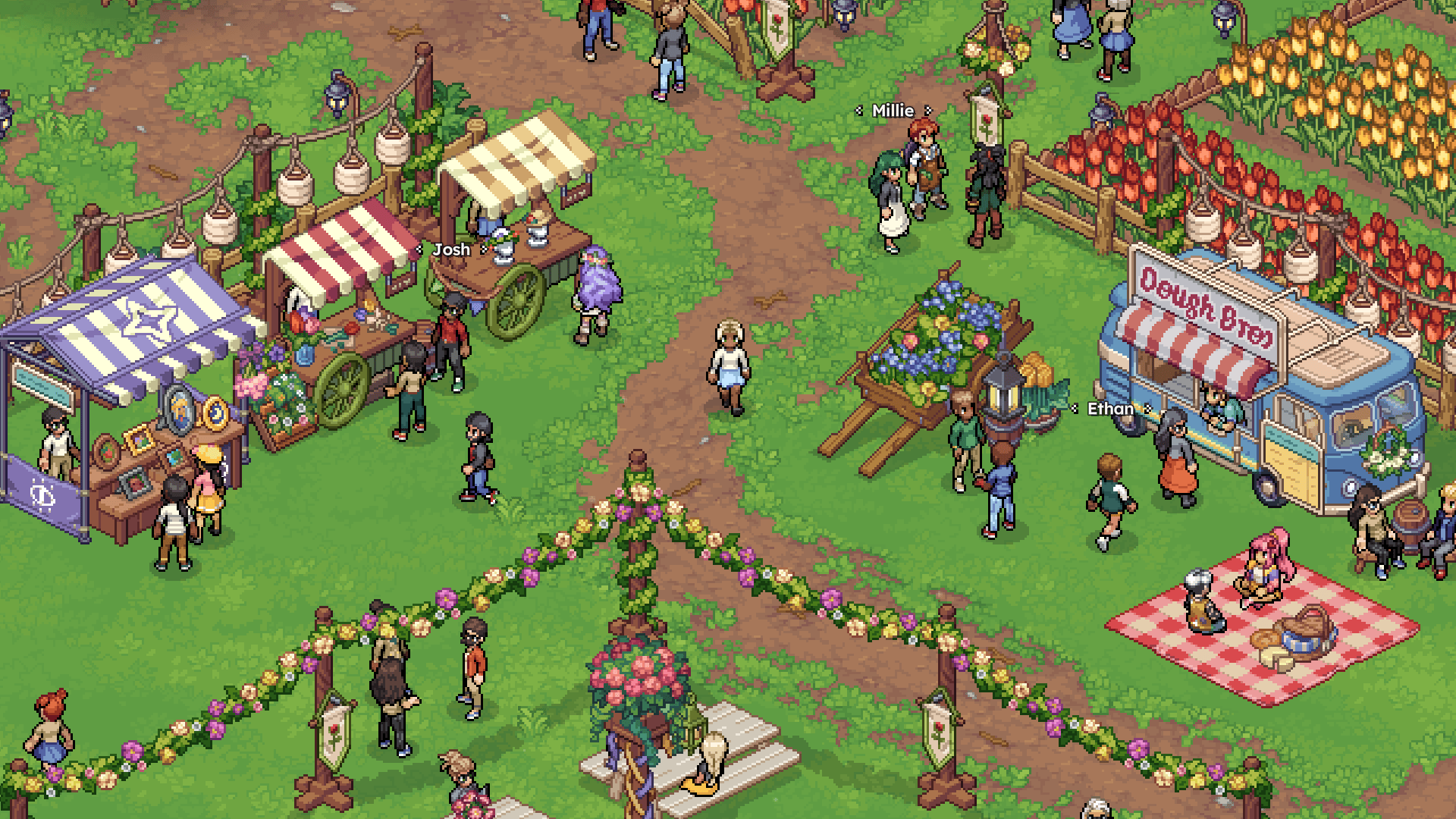 Witchbrook screenshot of a colorful festival in Mossport with market stalls and visitors