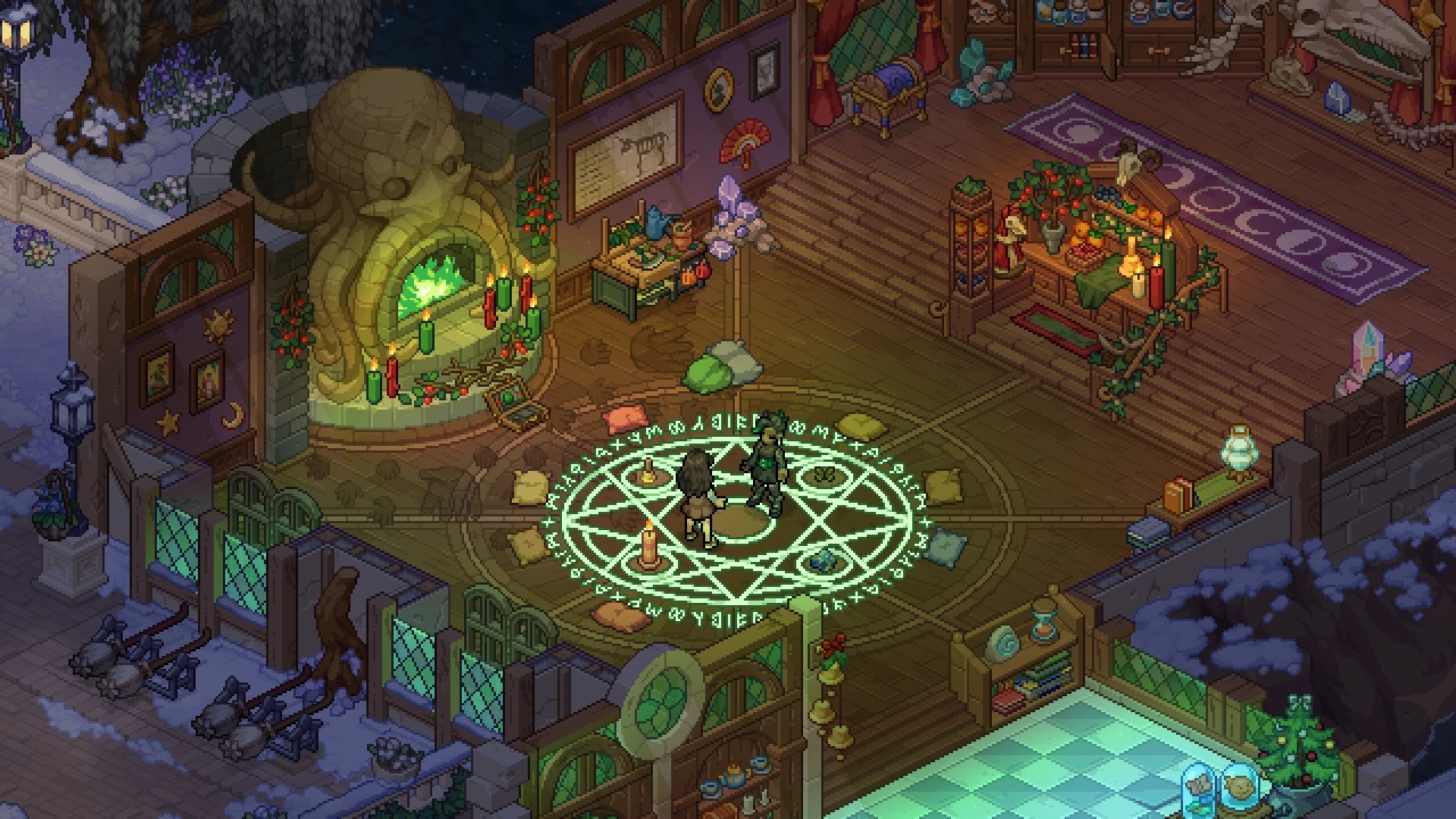 Two witches stand within a glowing green ritual circle in a candlelit wooden room