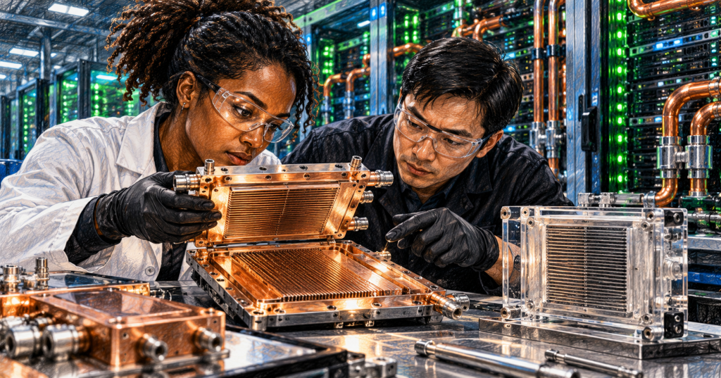 Engineers examine a liquid-cooling cold plate in a server laboratory.