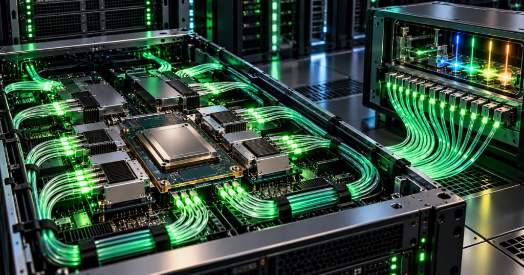 Futuristic AI compute tray with dense fiber-optic connections and photonic hardware inside a data center.
