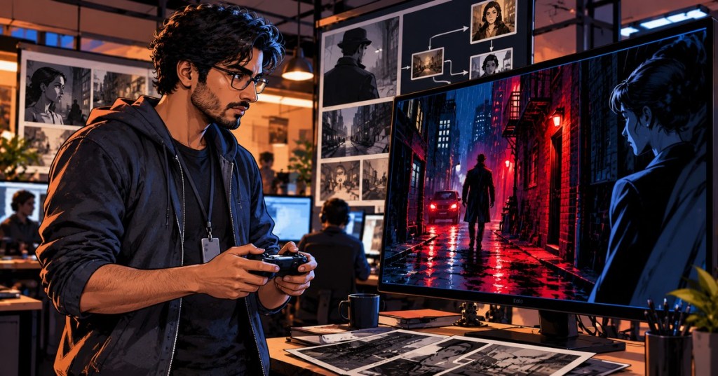 Wordless comic-style illustration of a South Asian adult game developer holding a controller while reviewing a rain-soaked noir detective game scene on a monitor in a studio.