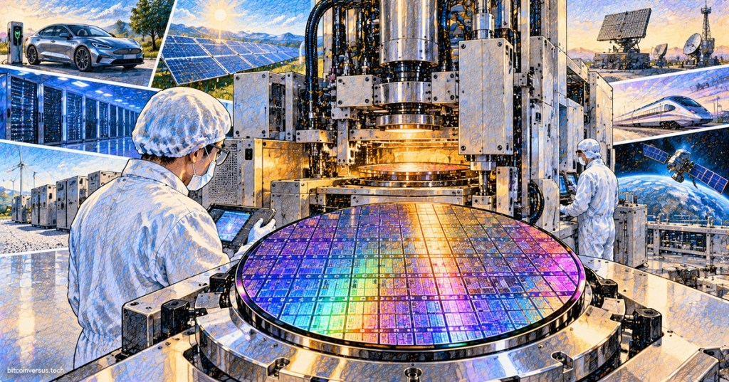 Colored-pencil semiconductor cleanroom illustration centered on a silicon carbide wafer, with data centers, electric vehicles, solar power, communications, rail, and space systems around it.
