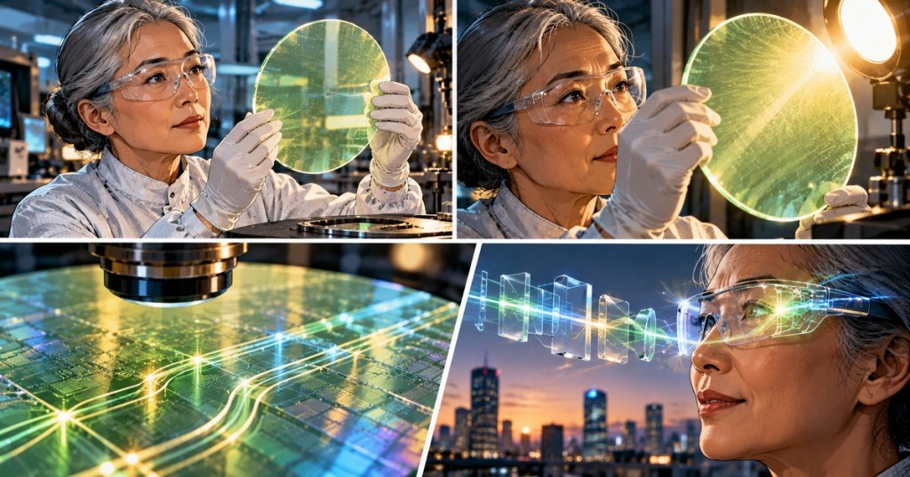 Original four-panel editorial comic showing an older East Asian woman scientist examining a translucent semiconductor wafer and its potential use in AR glasses