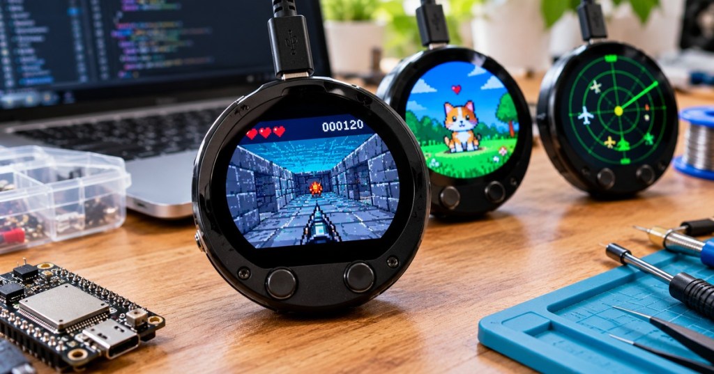 Original editorial depiction of round ESP32-S3 badges displaying a retro shooter, pixel pet, and radar