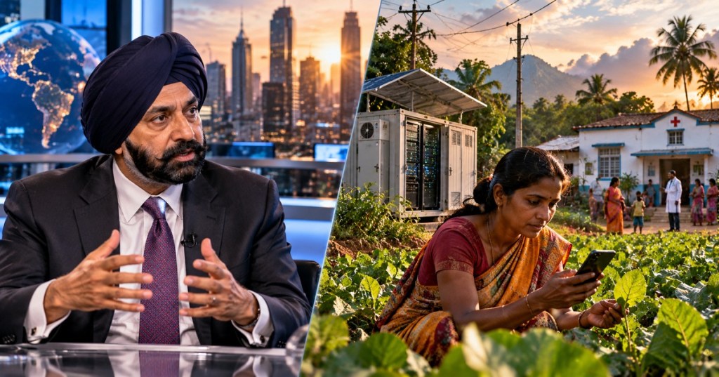 Conceptual split-screen editorial artwork of World Bank President Ajay Banga discussing financing and a farmer using practical AI on a mobile phone; not a documentary photograph.