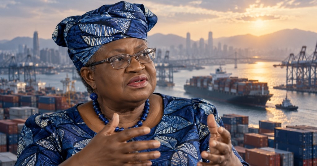 Ngozi Okonjo-Iweala with global shipping infrastructure representing trade and supply chains