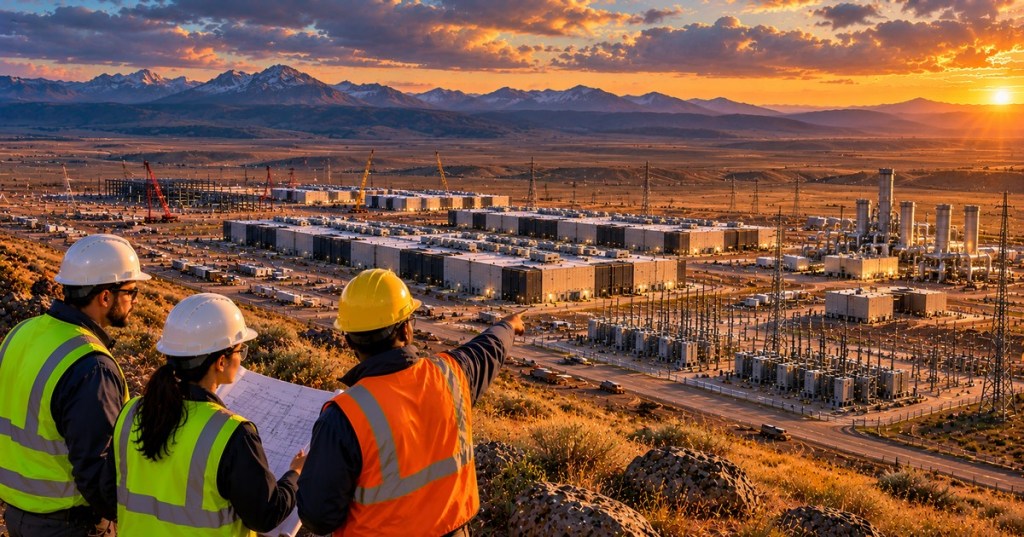 Conceptual realistic editorial artwork of engineers overlooking a Wyoming plains data center and proposed electricity infrastructure at sunset, not a real project photograph