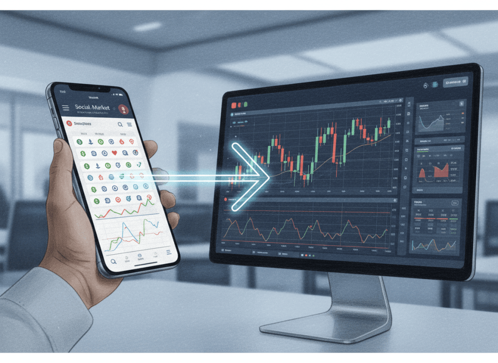 Color-pencil illustration of a social market feed connecting a cashtag to a brokerage trading interface.