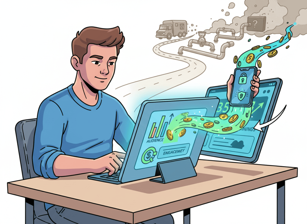 Wordless comic showing a digital creator receiving platform earnings directly into a mobile money wallet.