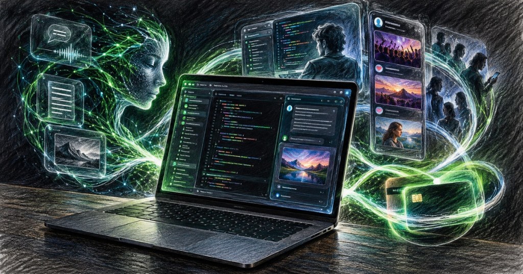 Color-pencil technology scene showing AI coding, social media, and unified subscription services connected around a laptop.