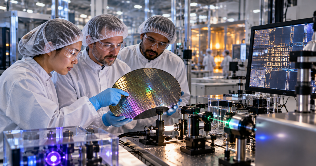 Original editorial illustration of cleanroom researchers examining a photonic semiconductor wafer