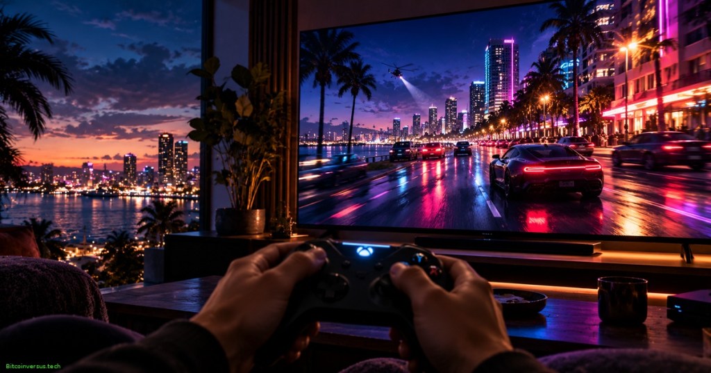 A cinematic gaming setup overlooking a neon coastal city at dusk, representing cloud streaming and open-world gaming.