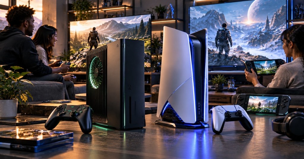 Photorealistic editorial scene comparing two futuristic next-generation game consoles with controllers, handheld gaming hardware and players in a premium living-room setup.