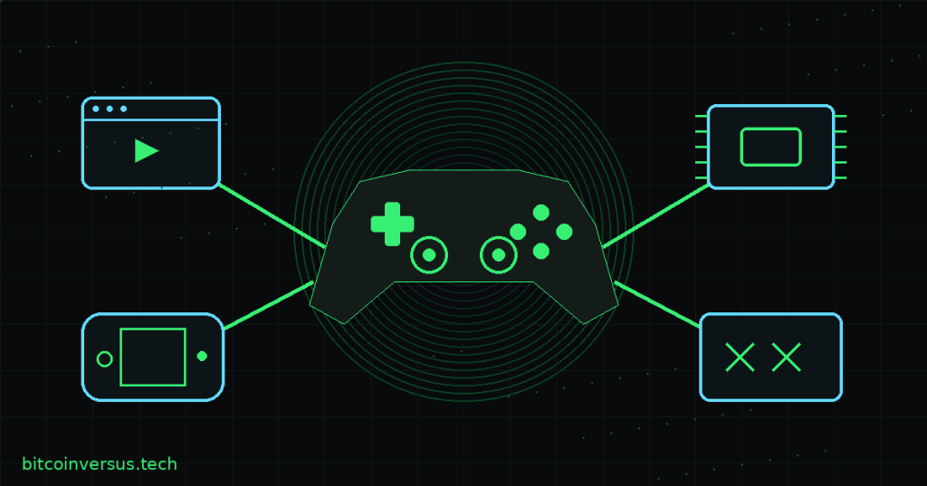 Neon technical illustration of a game controller branching to a browser, handheld device, processor and remixed game code.