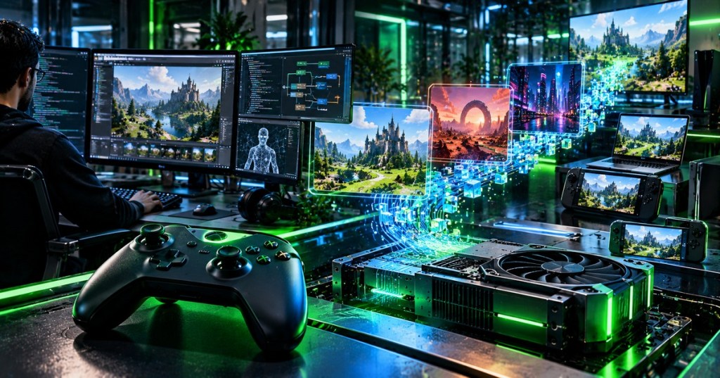Futuristic gaming lab with a controller, GPU hardware, multiple devices, game worlds, and development monitors representing Xbox Labs experiments in game portability and emerging technology.