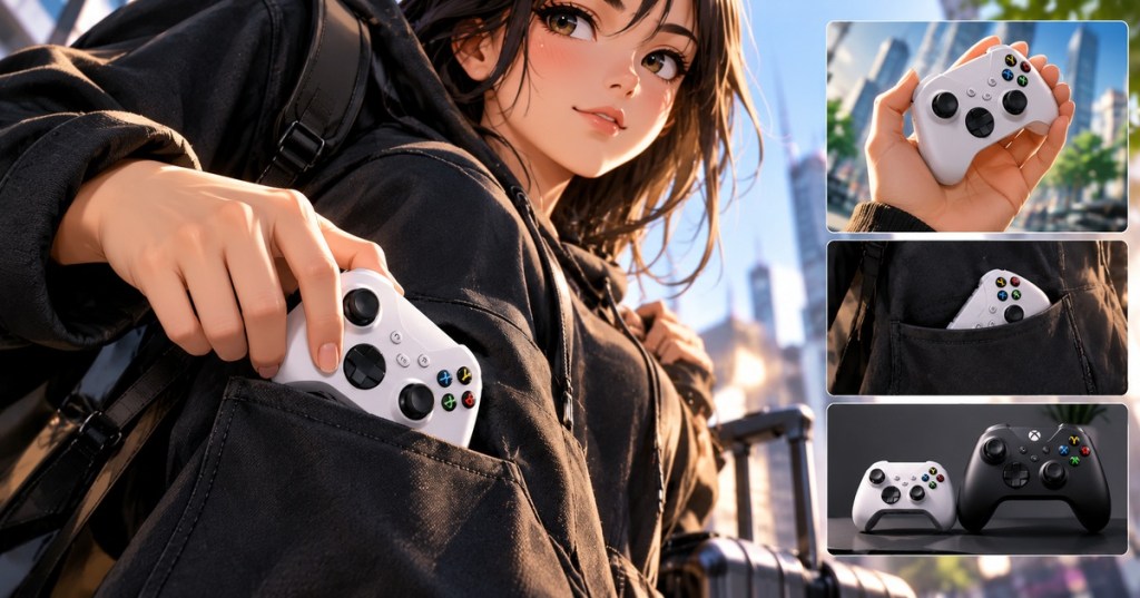 Anime-style editorial illustration of a compact white game controller being slipped into a traveler's hoodie pocket, emphasizing portability.
