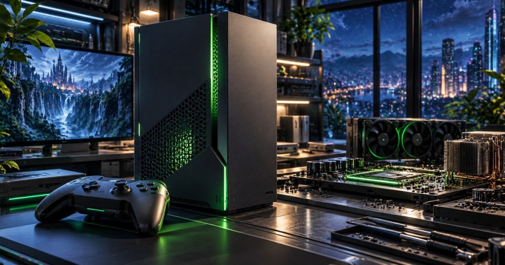 Imagined next-generation Xbox and PC hybrid gaming console at a workstation, surrounded by futuristic gaming hardware. Concept artwork, not an official Microsoft render.
