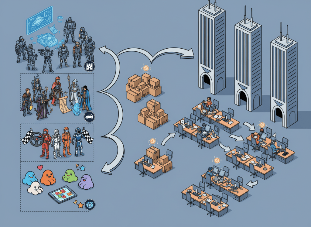 Wordless comic showing several game development teams being reorganized under fewer publisher groups while some desks are left empty.