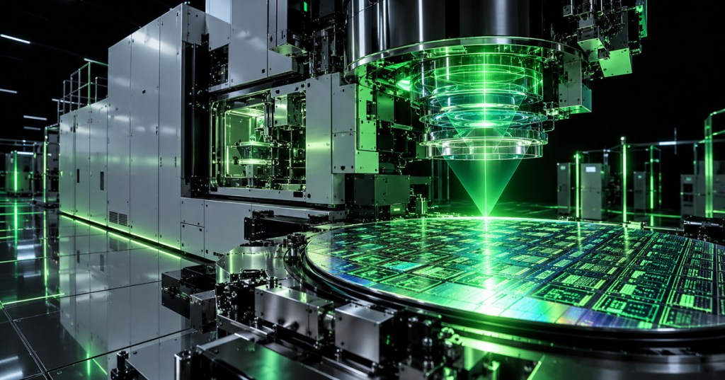 Minimal black-and-neon-green technical scene of a DUV lithography system exposing a patterned semiconductor wafer.