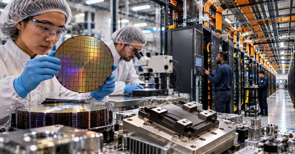 Semiconductor engineers inspecting a power-device wafer beside high-density AI data-center power infrastructure