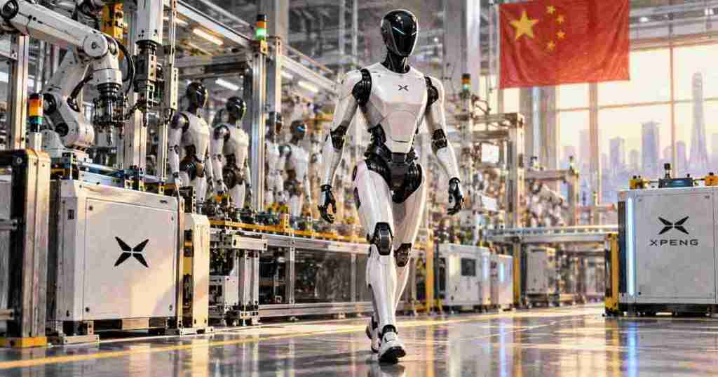 Colored-pencil style illustration of XPENG IRON walking through a highly automated humanoid robot production line in China.
