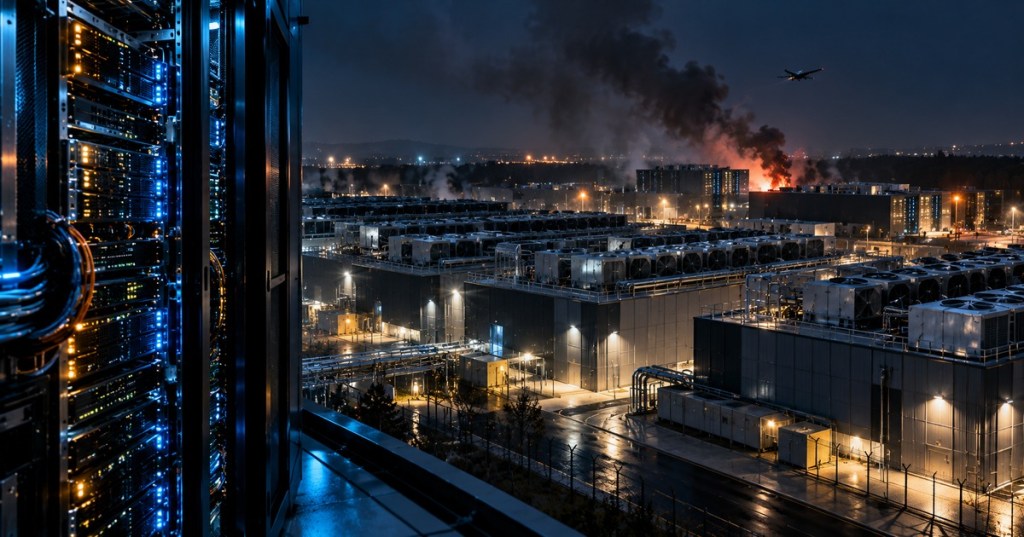 Nighttime data center campus with server racks in the foreground and a distant fire after a drone strike