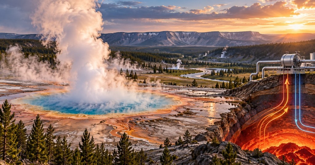 Illustration of Yellowstone geothermal features beside a conceptual geothermal power system showing underground heat extraction